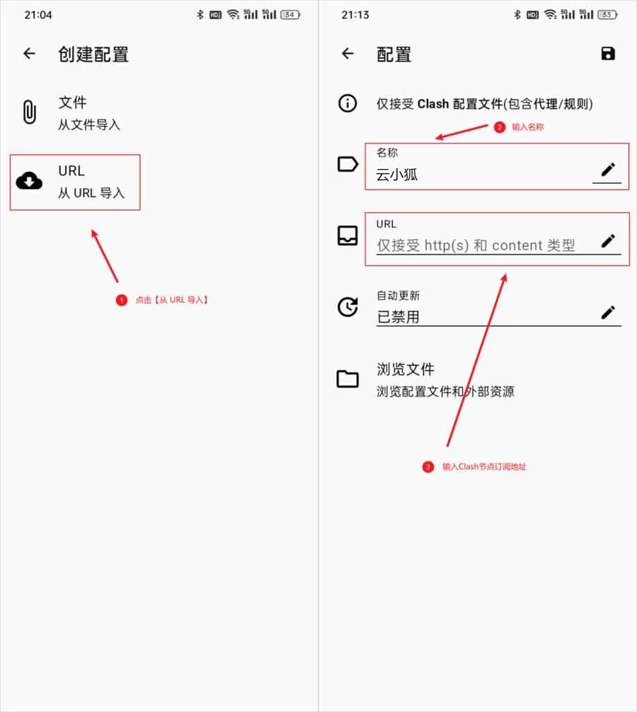选择从URL导入,名称填云小狐,粘贴订阅链接后保存