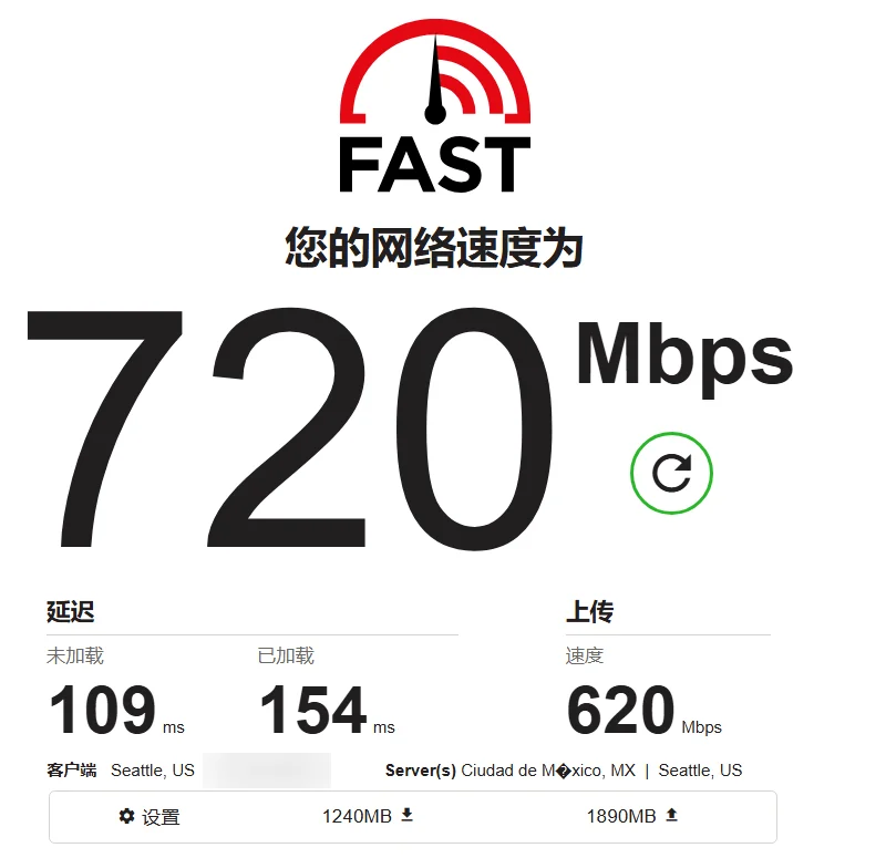 fast.com 美国节点测速：720 Mbps