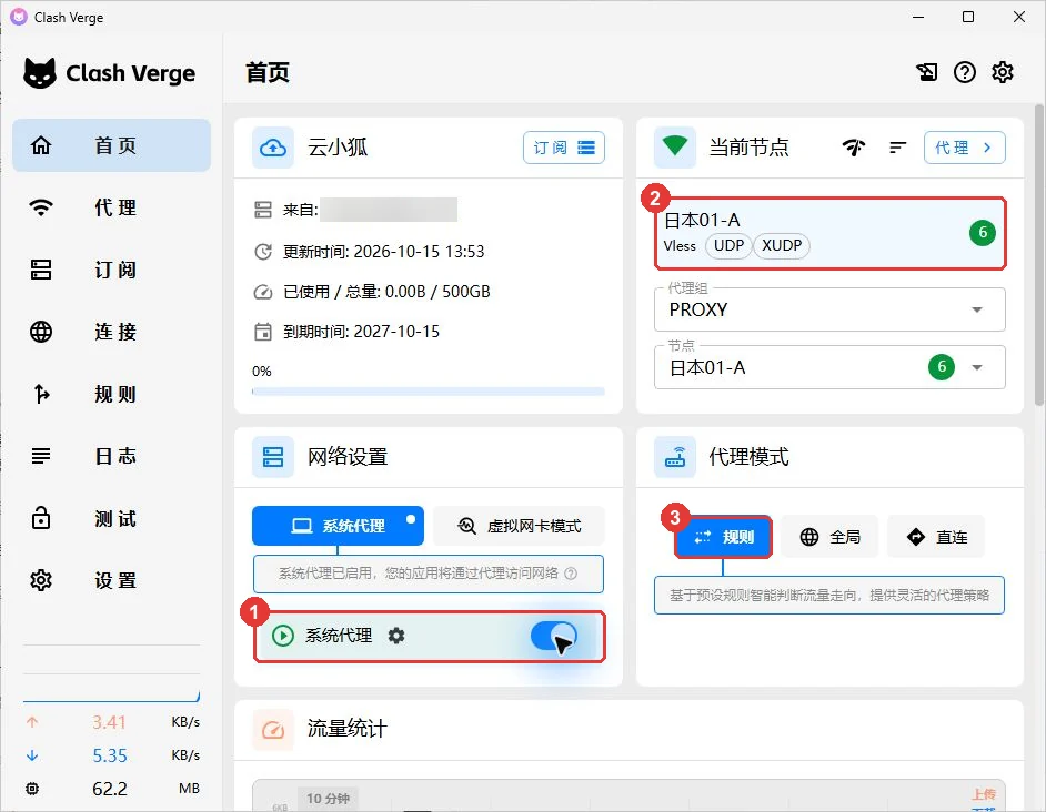 首页打开系统代理开关,确认当前节点和规则模式